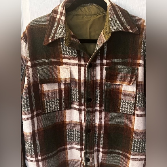 Green Brown White Plaid Heavy Flannel Button Up Fall Winter Shirt Blouse Top - Picture 4 of 12